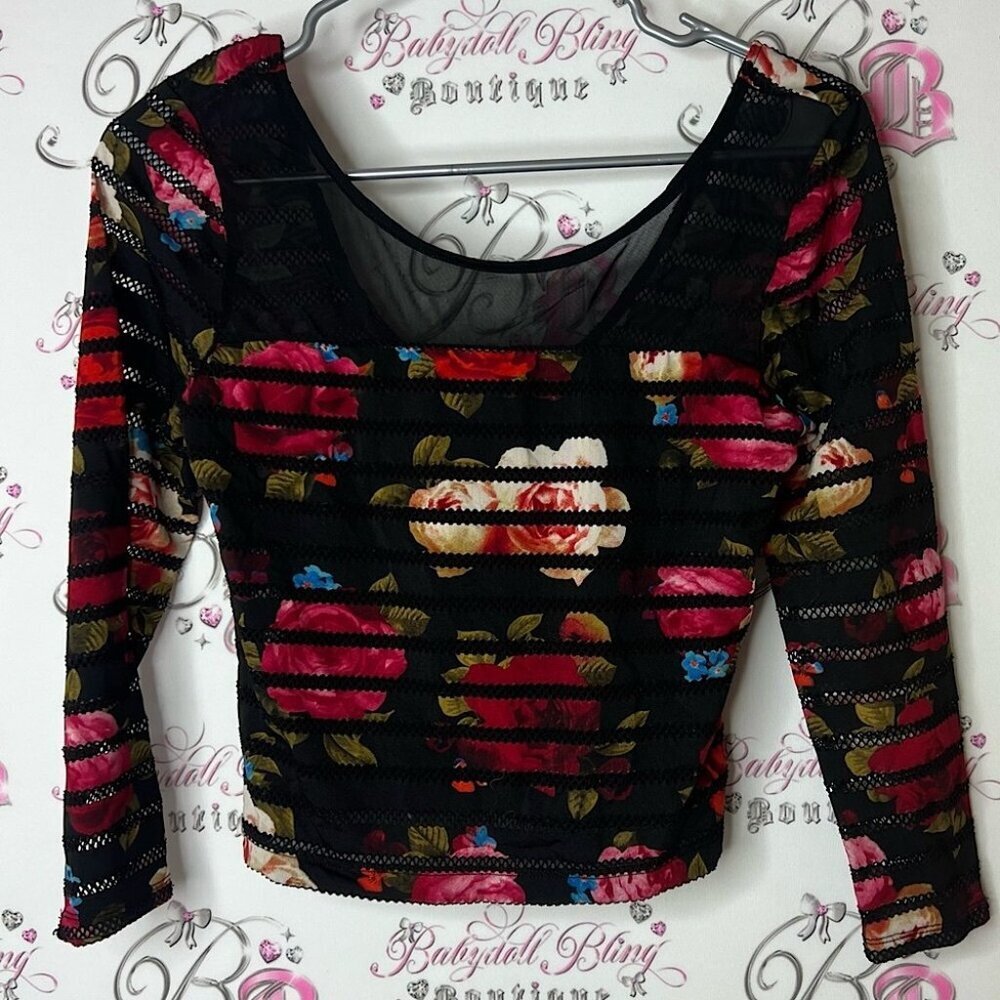 Guess Black Floral Mesh Crop Top netted flowers tiered sexy swoop neck
